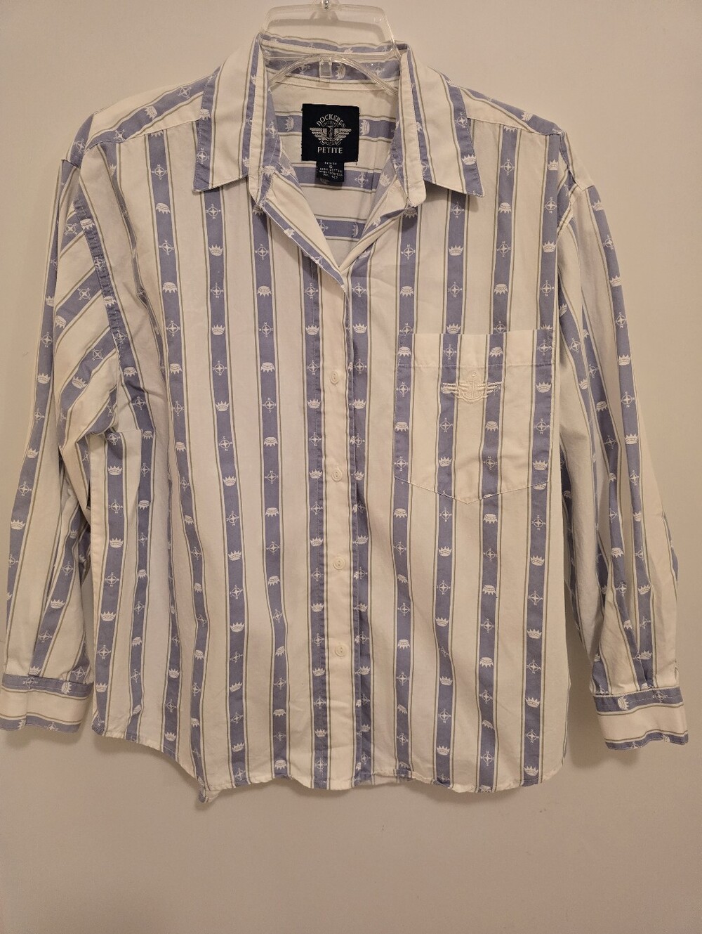 Dockers Ladies Small Petite Fitted Casual Blue and White Nautical Shirt